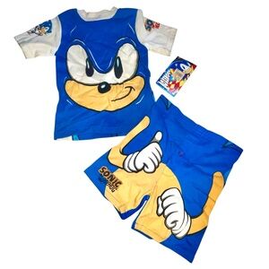 Vintage Sonic Hedgehog Blue 90s Tee Shirt Shorts Set 1995 AOP Boys Sz 5 Boxeroos
